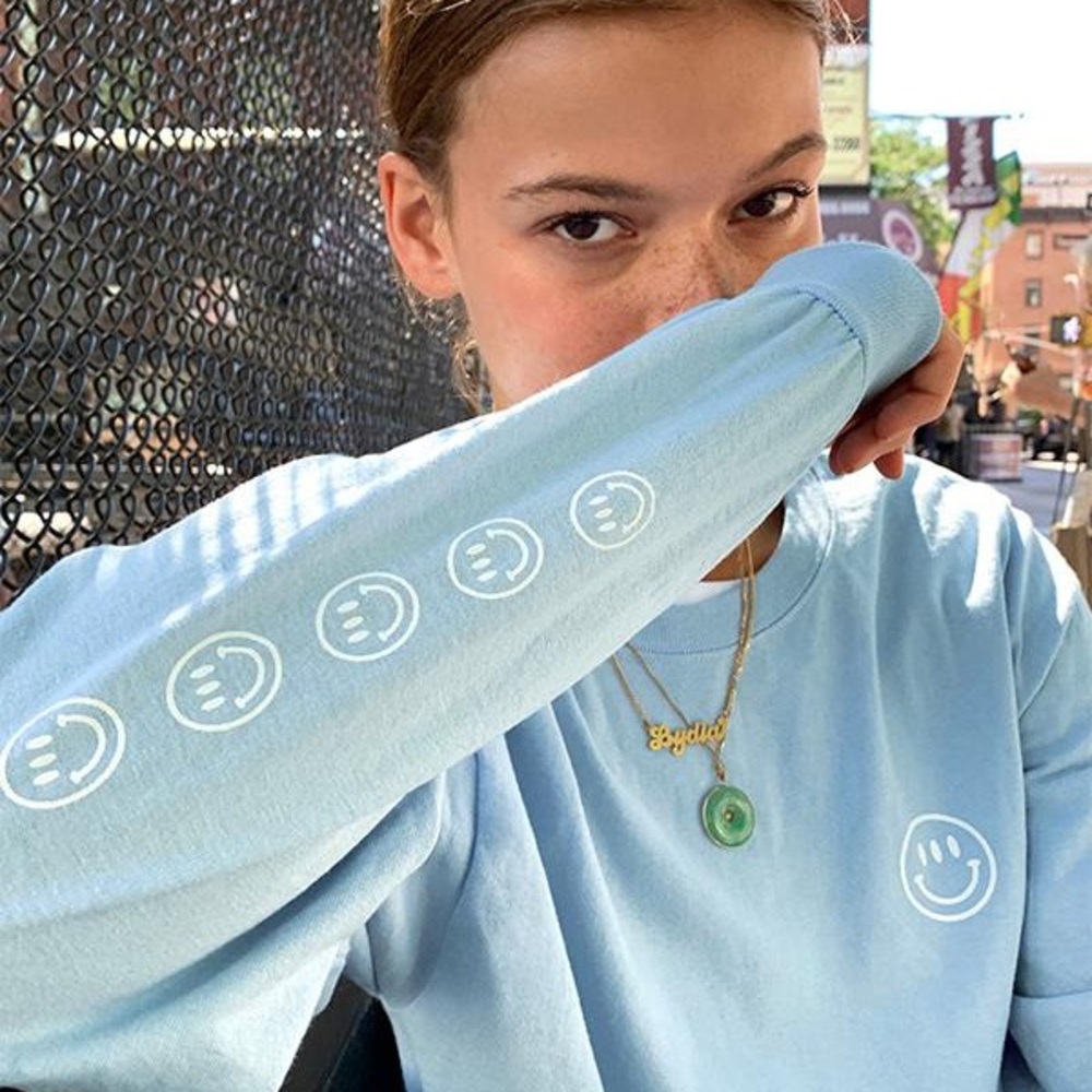 Glossier Light Blue Long Sleeve Shirt with Smiley Faces